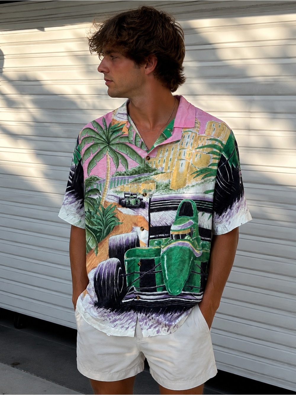 BNWT Cotton On Sunset F1 Grand Prix Pit Stop Short Sleeve Resort Shirt Sz L Boho